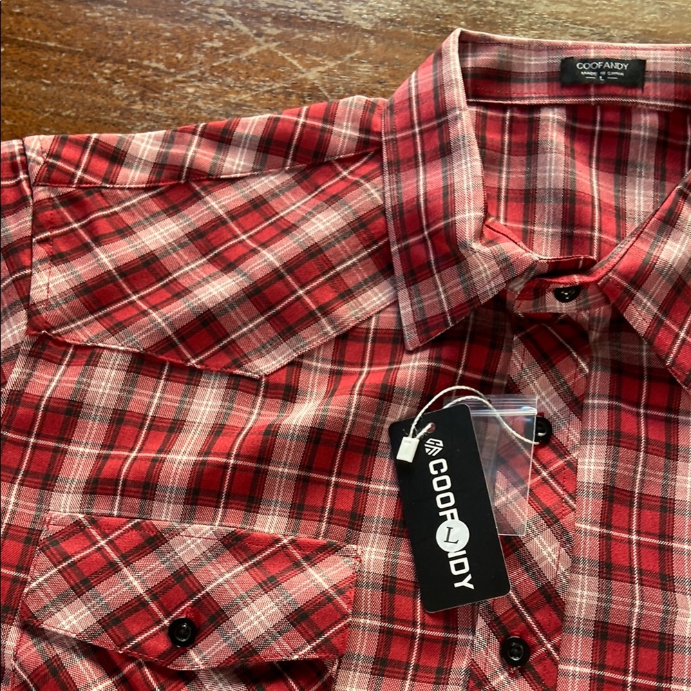 NEW NWT Coofandy Red White Plaid Western Button Down Shirt Men’s Large L - Picture 4 of 9